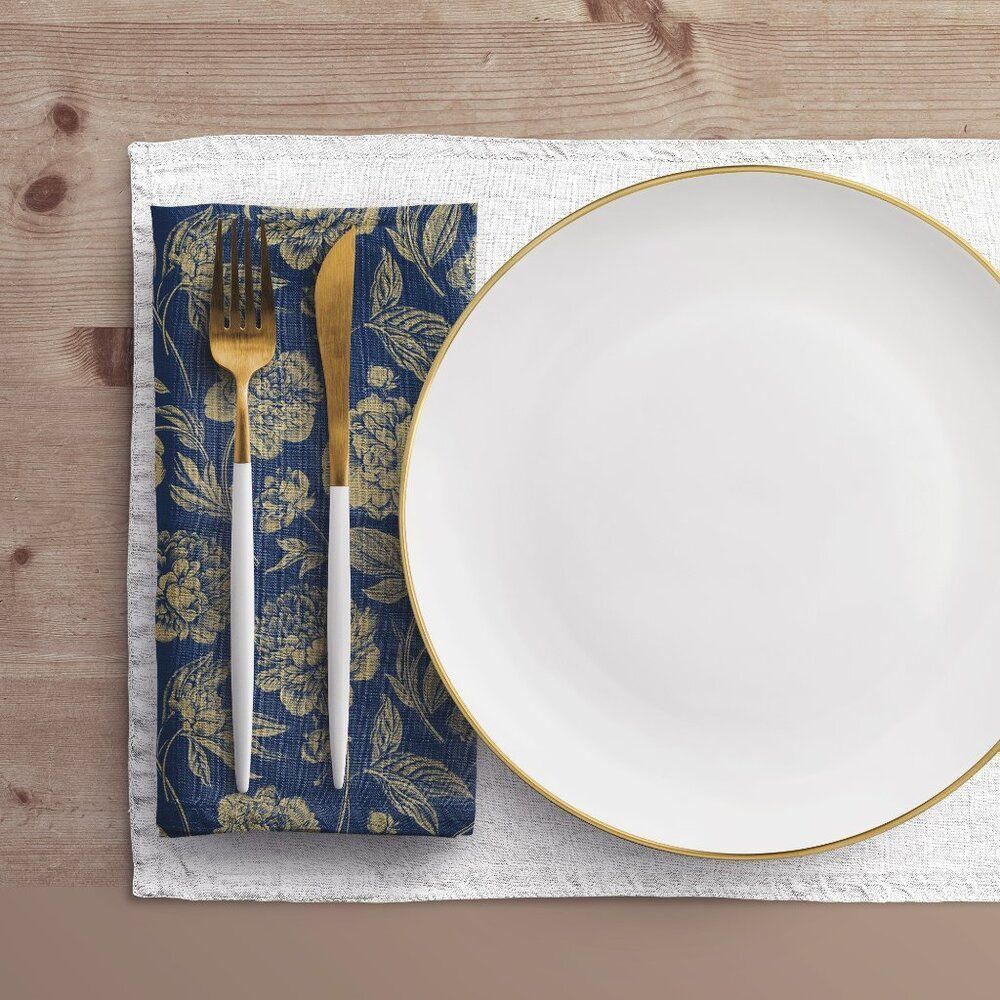 NWT Porter Anna- Navy & Gold  Cotton Napkin 4-set, Peony